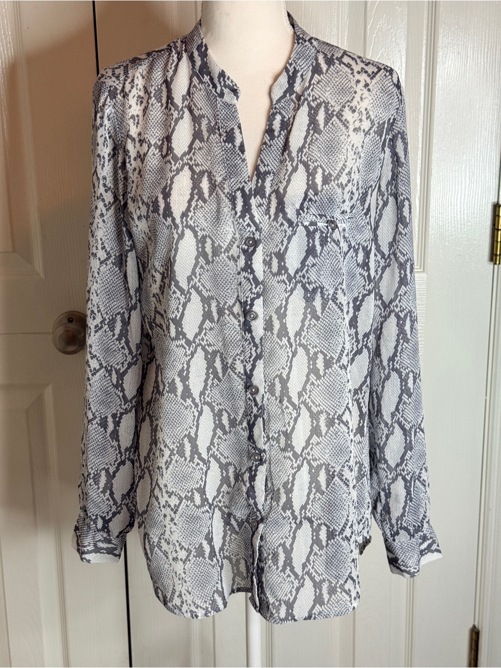 KUT from the Kloth Harper Snake Print Roll Tab Blouse Grey Black Sheer Medium